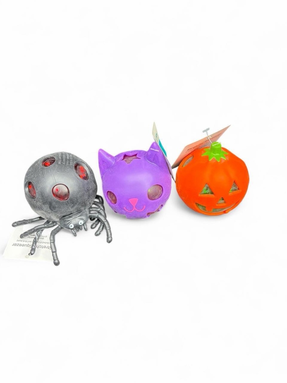 Halloween Squishy Toy Trio - Orange Pumpkin, Purple Cat, Black Spider